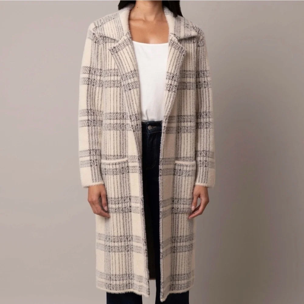 NWT! Cyrus Open Plaid Mink Sweater Coat Large Longline Contemporary Warm Pockets